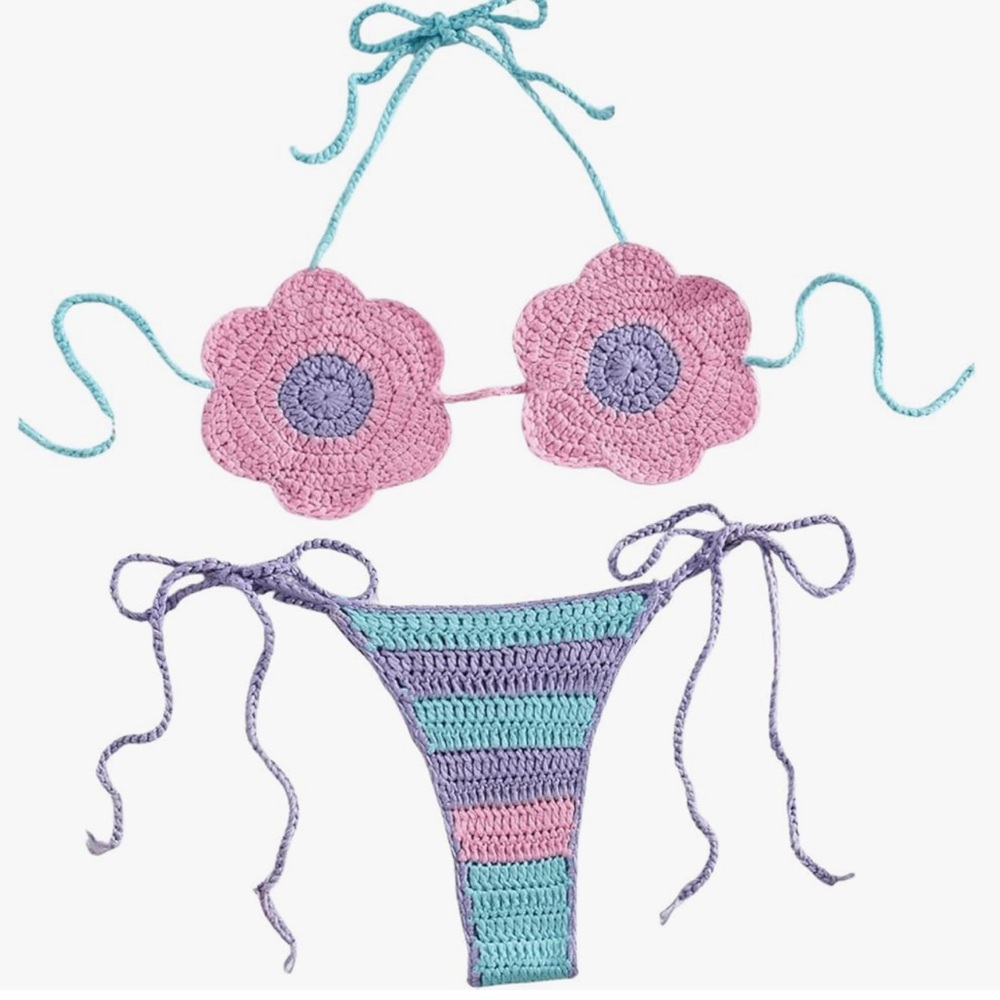 Lavender pink daisy crochet bikini rave bodysuit beach vacation spring break